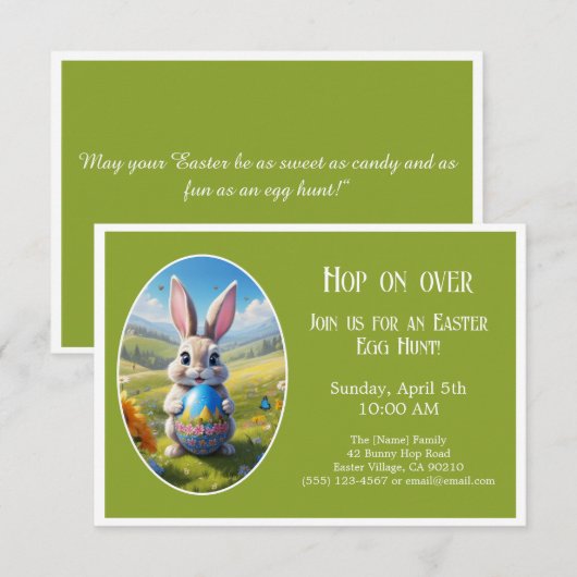 Invitation Easter bunny | Egg Hunt | Hop on over | green - (Devant / Derrière)