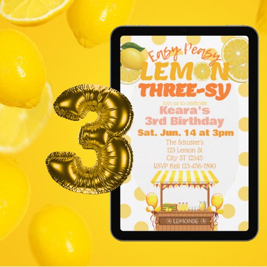 Invitation Easy Peasy Lemon Three-sy, Lemon 3rd Birthday