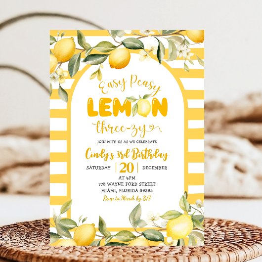 Invitation Easy Peezy Lemon ThreeZy Lemon 3rd Birthday