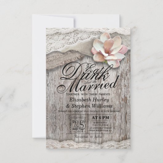 Invitation EAT Boire et être marié Mariage Bois Burlap Dentel (Devant)