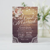 Invitation EAT Boire et être marié Mariage Floral Rustic Wood (Debout devant)