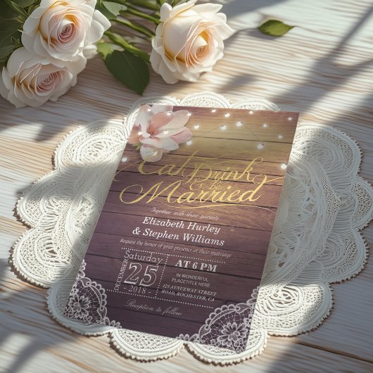 Invitation EAT Boire et être marié Mariage Floral Rustic Wood