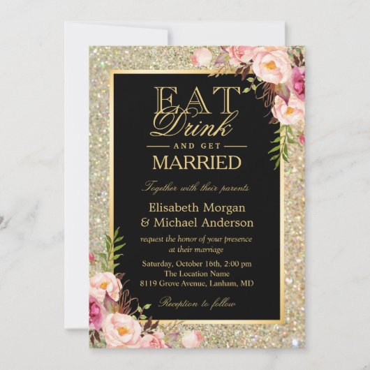 Invitation EAT Boire et se marier Parties scintillant Floral  (Devant)