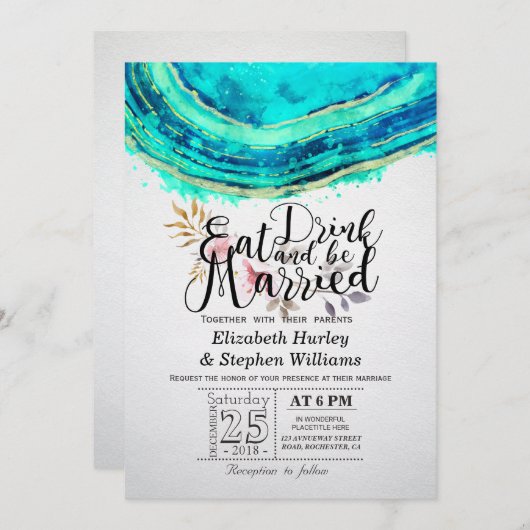 Invitation EAT Boire être marié Mariage Turquoise Gold Agate (Devant / Derrière)