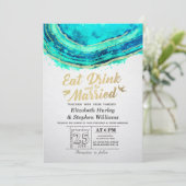 Invitation EAT Boire être marié Mariage Turquoise Gold Agate (Debout devant)