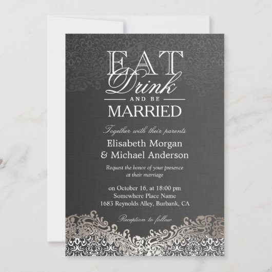 Invitation EAT Drink and Be Married Elegant Silver Damask (Devant)