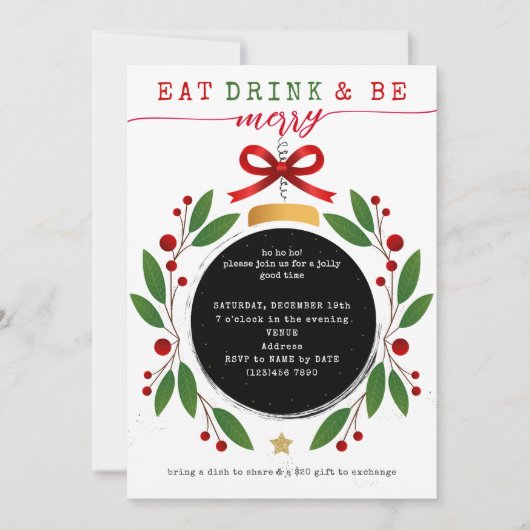Invitation Eat Drink and Be Merry Christmas Party Potluck (Devant)