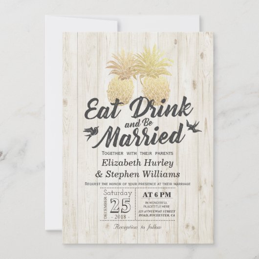 Invitation EAT Drink Be Marié Mariage Gold Pineapple Couple (Devant)