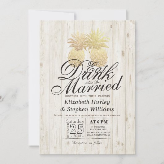 Invitation EAT Drink Be Marié Mariage Gold Pineapple Couple (Devant)