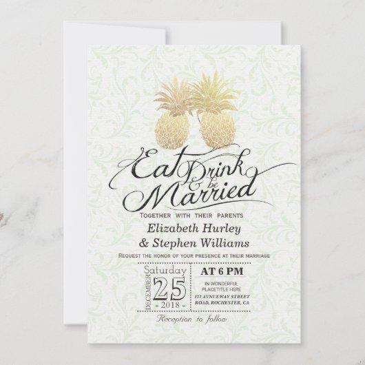 Invitation EAT Drink Be Marié Mariage Gold Pineapple Couple (Devant)