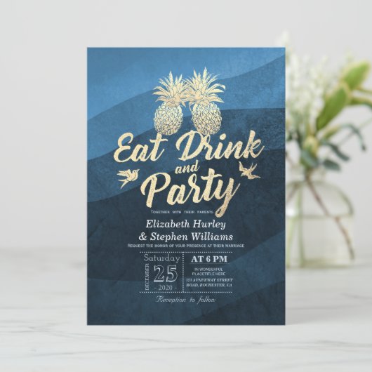 Invitation EAT Drink Be Marié Mariage Gold Pineapple Couple (Debout devant)