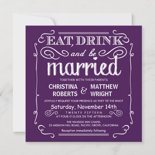 Invitation Eat Drink be Married Wedding Invite - Eggplant (Devant)