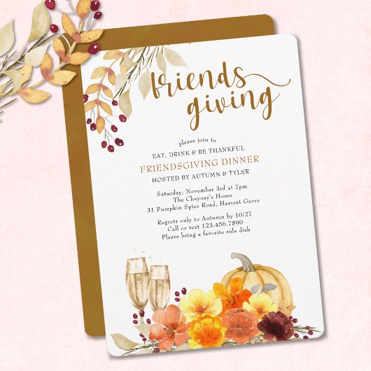 Invitation Eat Drink be Thankful Autumn Flowers Friendsgiving