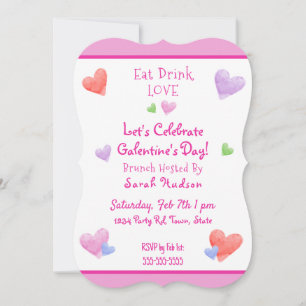 Invitation EAT DRINK LOVE Galentines Amusement Aquarelle Cœur