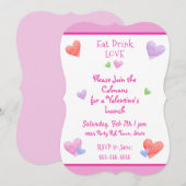 Invitation EAT DRINK LOVE Valentines Fun Watercolor Hearts (Devant / Derrière)