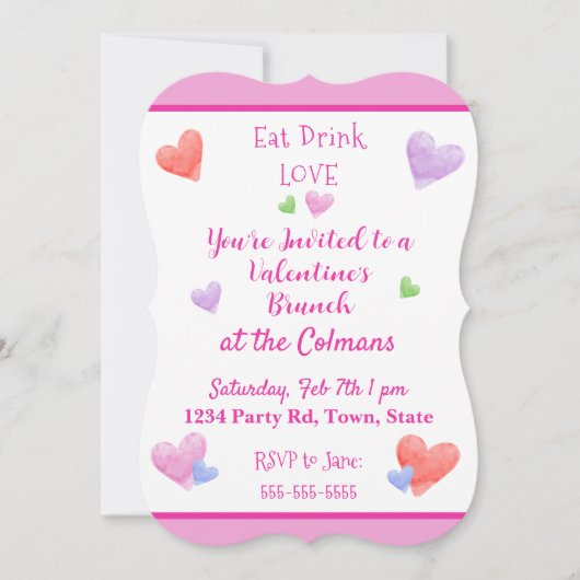 Invitation EAT DRINK LOVE Valentines Watercolor Hearts (Devant)