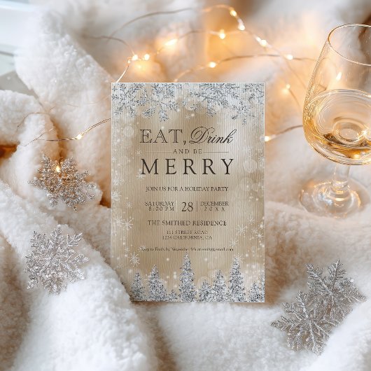 Invitation Eat Drink Merry Gold Silver Christmas party