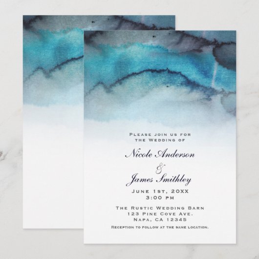 Invitation Eau aquarelle bleue marine vague abstraite de la p (Devant / Derrière)