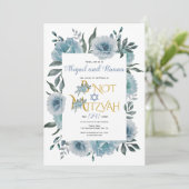 Invitation Eau bleu foncé fleurs florales B'Not Mitzvah (Debout devant)