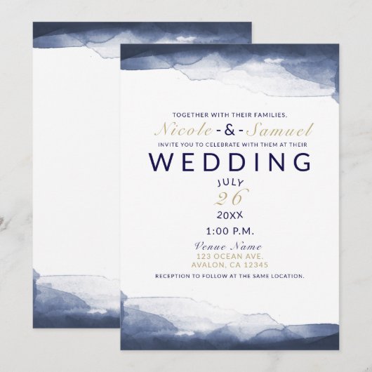 Invitation Eau bleu marine aquarelle mariage moderne chic (Devant / Derrière)