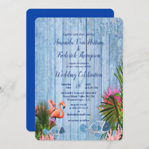 Invitation Eau bleue Galets & Flamants roses roses