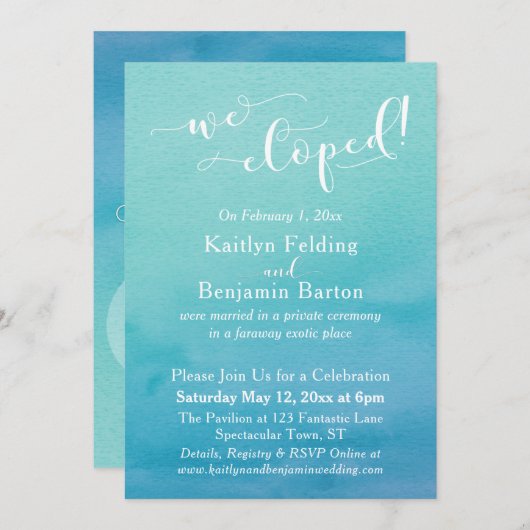 Invitation Eau Bleue Teintée en Aquarelle Réception de Mariag (Devant / Derrière)