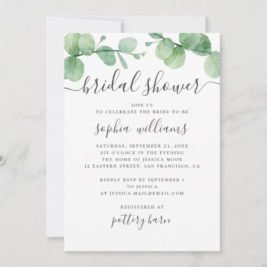 Invitation Eau-couleur eucalyptus. Douche nuptiale verte (Devant)