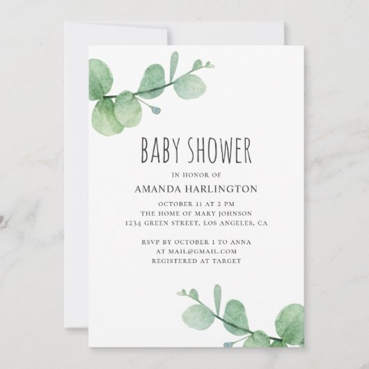Invitation Eau-couleur vert eucalyptus. Baby shower verdoyant (Devant)