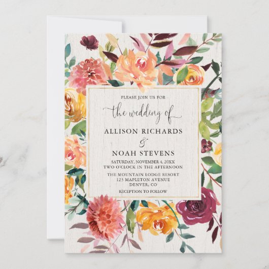 Invitation Eau de chute rustique mariage d'automne fleuri (Devant)