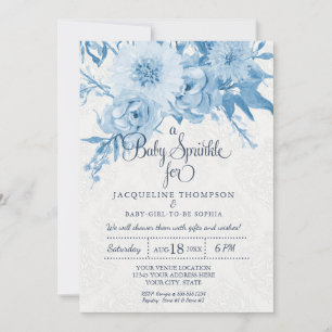 Invitation Eau de source Bébé Aquarelle Bleu Nuit et Floral B
