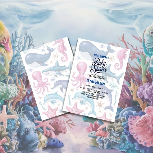 Invitation Eau élégante moderne baby shower animal marin7