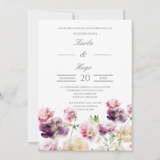 Invitation Eau florale couleur Mariage Espagnol (Devant)