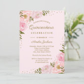 Invitation Eau Florale Teinte Dorée Aquarelle Quinceanera (Debout devant)