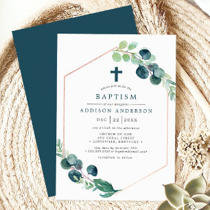 Invitation Eau-forte élégante Eucalyptus avec Baptême de croi