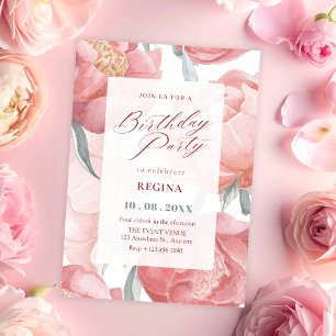 Invitation Eau-forte florale rose pour anniversaire