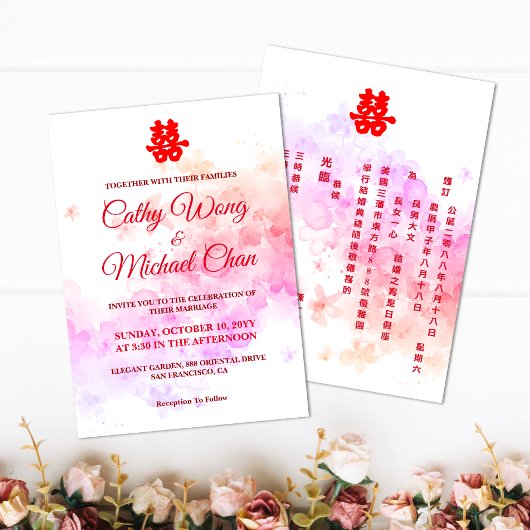 Invitation Eau mariage rouge de Chine fleurs de cerisier