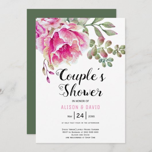 Invitation Eau rose fleurs mariage couples douche (Devant / Derrière)