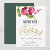 INVITATION EAU ROSE LAVÉE À L'ENCRE FLORALE TOUT ÂGE ANNIVERS (Devant / Derrière)