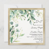 Invitation Eau rustique eucalyptus vert Mariage or (Devant)