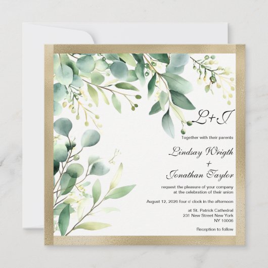 Invitation Eau rustique eucalyptus vert Mariage or (Devant)
