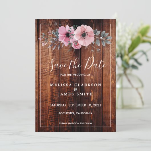 Invitation Eau rustique fleurs grange bois Enregistrer la dat (Debout devant)