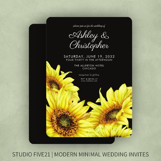 Invitation Eau stylisée Sunflower Fumée Mariage noir