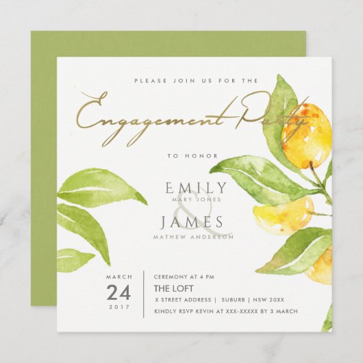 INVITATION EAU VERTE JAUNE COULEUR FOLIAGE FIANÇAILLES OLIVE (Devant / Derrière)