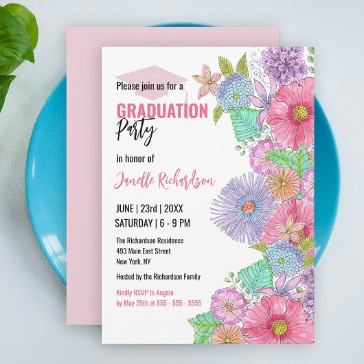Invitation Eau vive fleurit et verdure Graduation