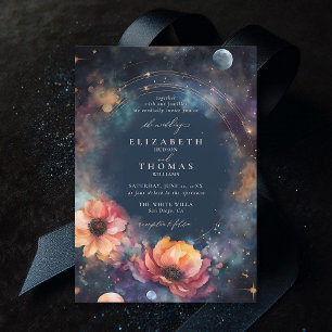 Invitation Eaux Célestes Lune Étoiles Floral Élégant Mariage