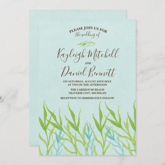 Invitation Eaux tranquilles Lac Plage Océan Vert Mariage (Devant / Derrière)