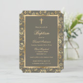 Invitation Ebony Gold Cross Script Floral Baptism (Debout devant)