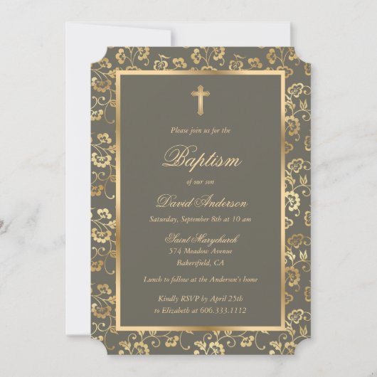 Invitation Ebony Gold Cross Script Floral Baptism (Devant)