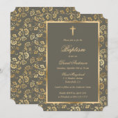 Invitation Ebony Gold Cross Script Floral Baptism (Devant / Derrière)