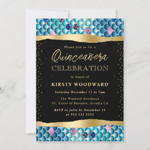 Invitation Écailles de sirène bleues et dorées Quinceanera